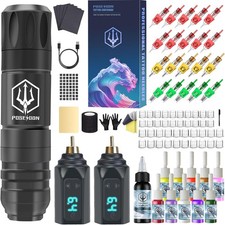 Wireless Tattoo Gun Kit 2 Battery Beginner Machine with Needles Ink Grip