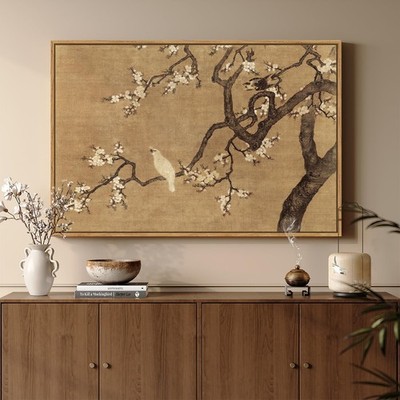 Framed Vintage Floral Bird Zen Wall Art, Neutral Asian Plum Blossom Branch Fl...