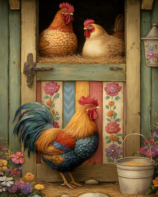 8x10 Cozy Storybook Chicken in Barn Art Print Classic Illustration - 375415186
