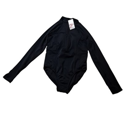NWT Lands End Rash Guard Swimsuit Womens 4P Black Quarter Zip One Piece Modest
