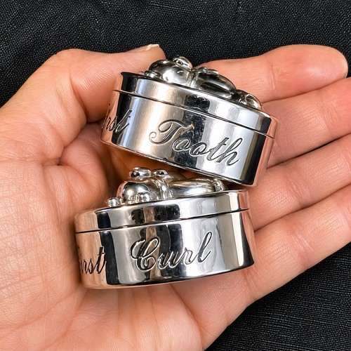 Vintage Baby Keepsake Box Set Teddy Bear Silver Plated Tooth Curl