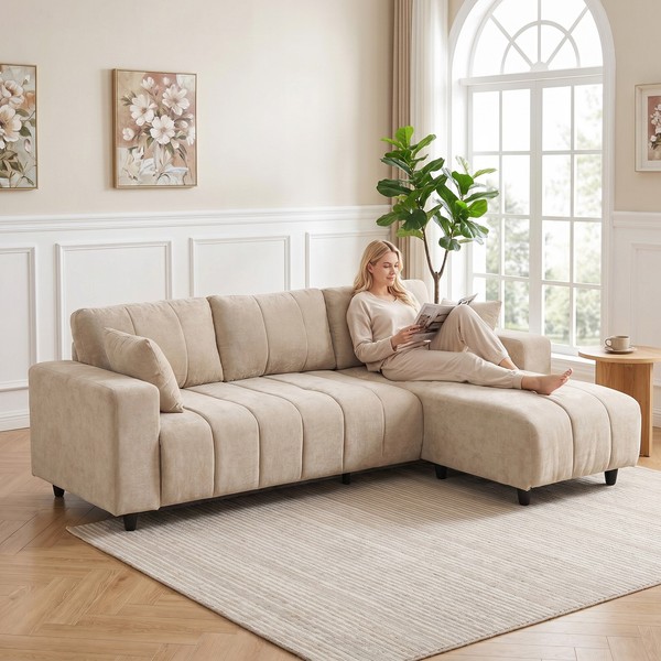 Homcom Ecksofa, 3 Sitzer Couch Mit Umkehrbarer Chaiselongue, Kissen, Beige-image