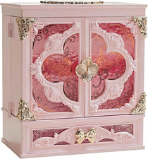 Lighted Vanity Makeup Organizer with Mirror, Large Vintage Cosmetic Storage Box