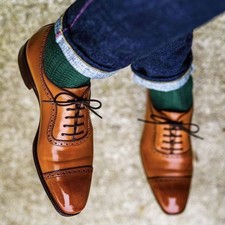 Handcrafted New Men's Tan Leather Oxford Lace Up Cap-Toe Top Fashion Wear Shoes