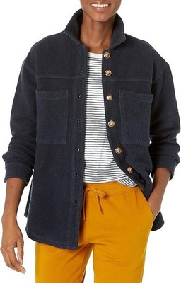Monrow Navy Teddy Fleece Shacket - cozy button-down oversize shirt jacket Large