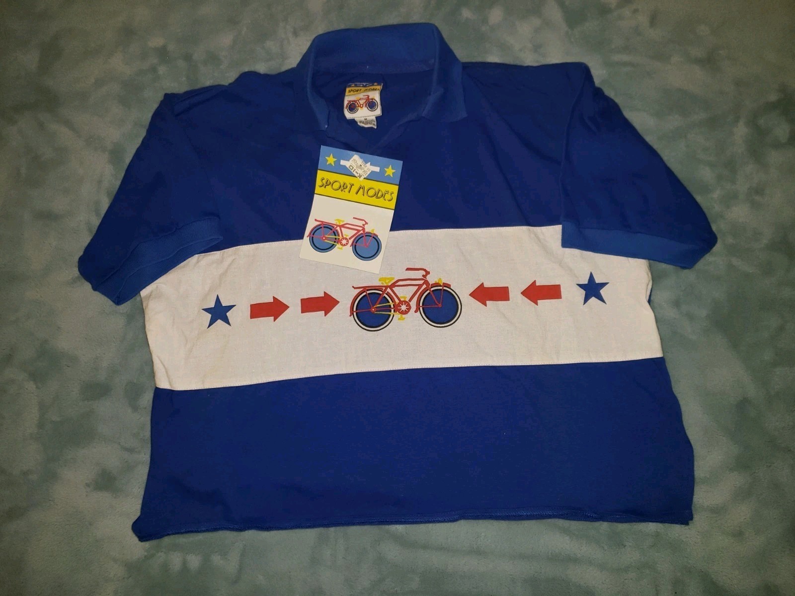 New* Vintage 80s Bicycle Medium Crop Polo Shirt Women Color Block Blue White 