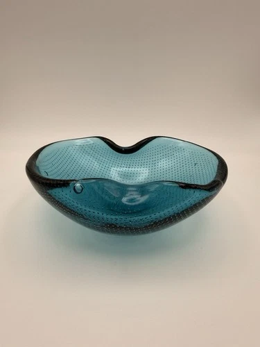 Murano Art Glass Bullicante Bowl Teal Blue Controlled Bubble Italy Vintage
