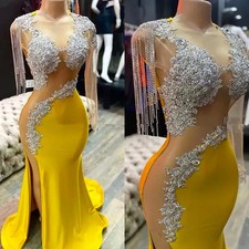 Gorgeous Yellow Mermaid Prom Dresses O-Neck Satin Beaded Tassels Evening Gowns