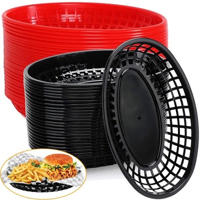 50 Pack Black and Red Plastic Bread Baskets 9'' x 5.7'' Oval Fry Fast Food Bask...