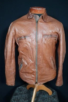 Veste En Cuir Lourd Doré Marron Vintage Pour Homme Années 1960 Taille Petite - Photo 1/4