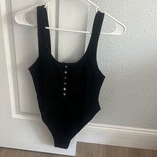 Black Women's One Piece Bodysuit with Button Accent