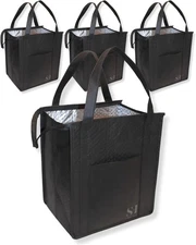 Black Insulated Grocery Bags, 4 Pack Reusable Shopping Bags with Zippered Top