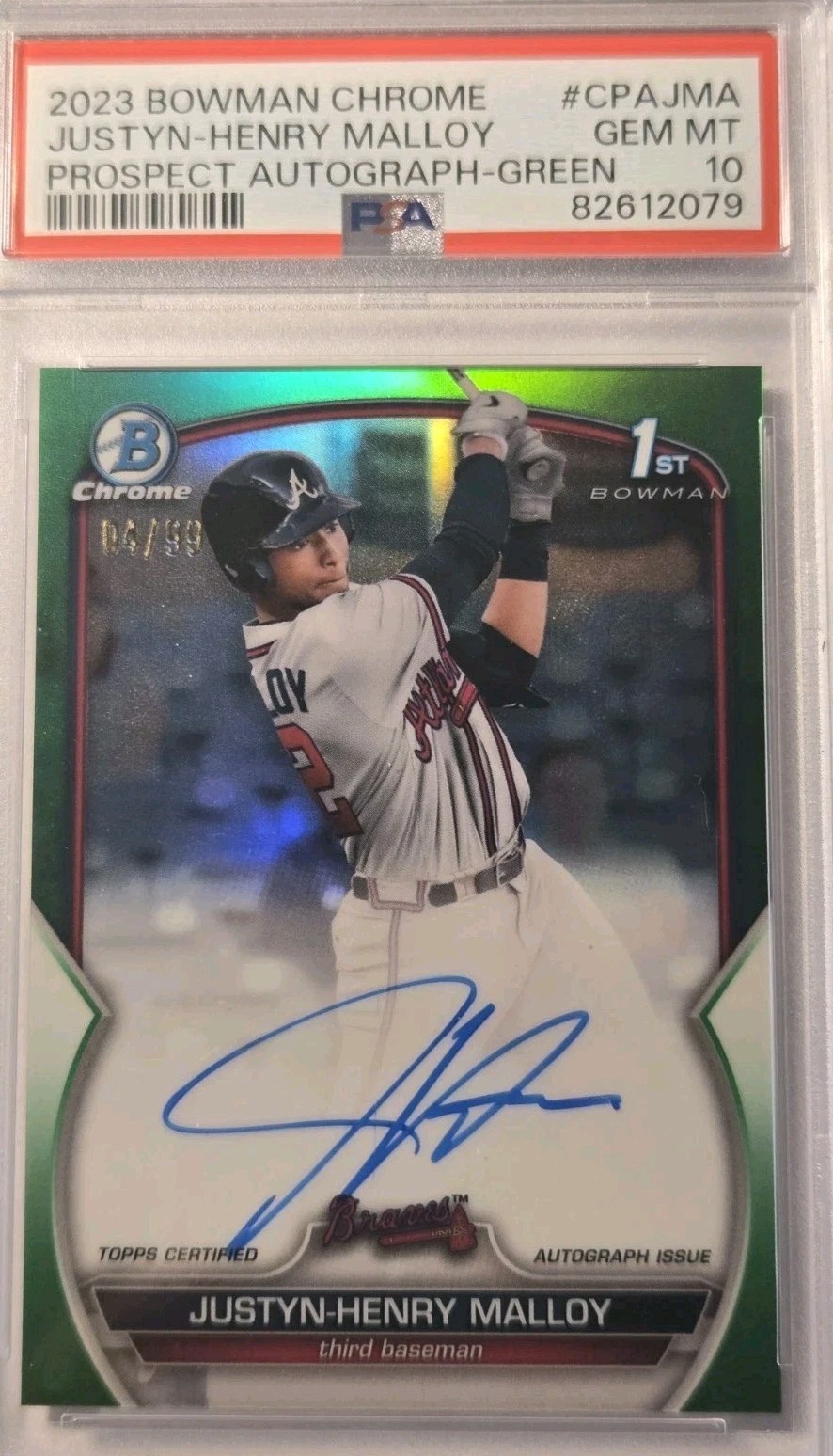 Justyn-Henry Malloy Rookie Auto 2023 Bowman Chrome Prospects Green PSA 10