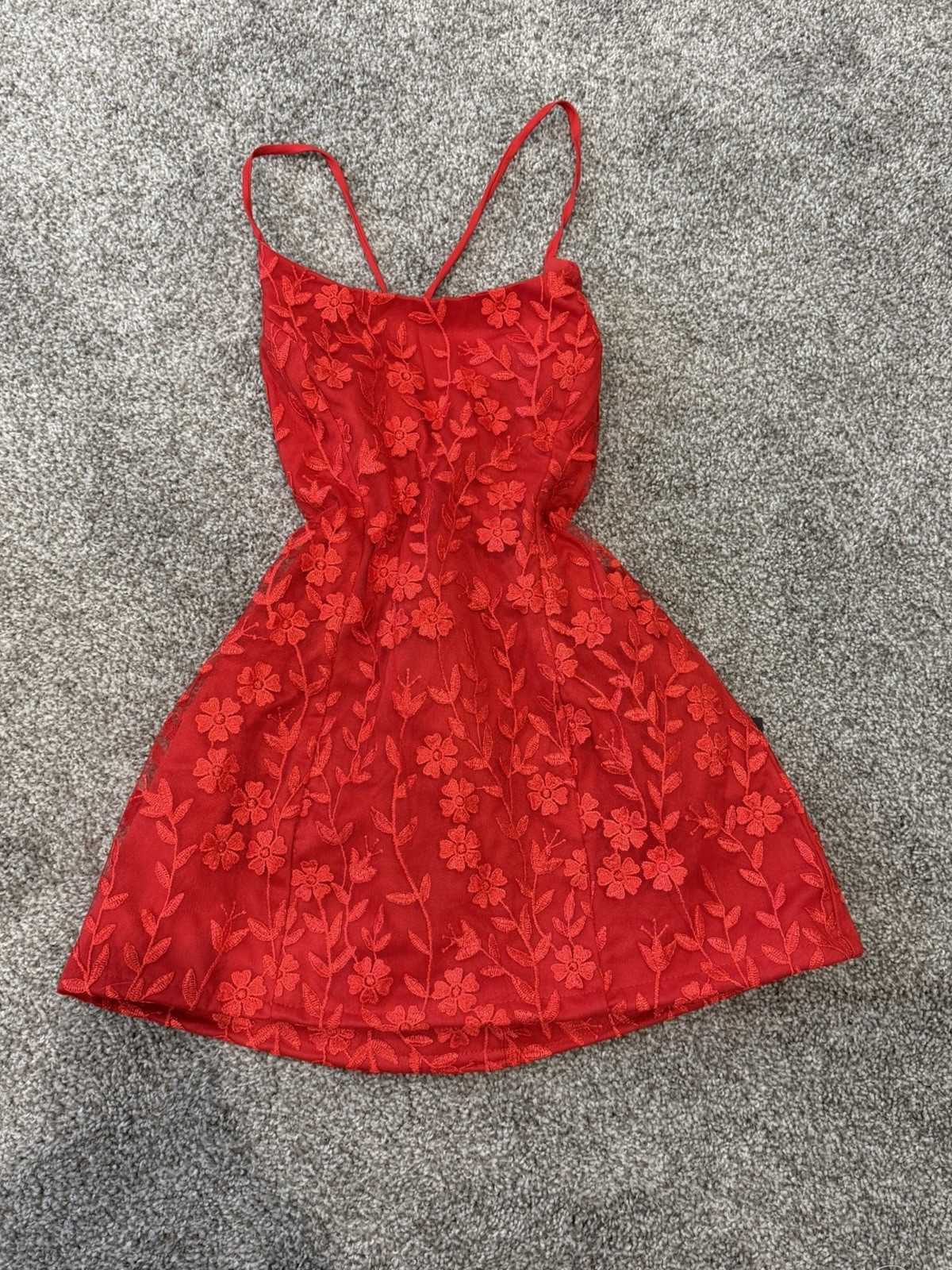 Lulus Red Floral Embroidered Lace-Up Fit & Flare Short Mini Dress Size M Regular