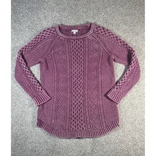 LL Bean Signature Womens Large Purple Cotton Cable Knit Sweater Side Zip 297471