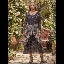 Vintage Jasmine Boho Floral Draped Overlay Mix Floral Gypsy Flowy Maxi Dress S