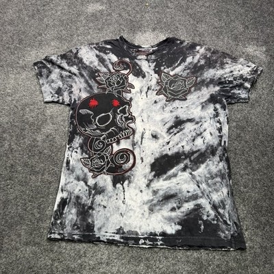 Affliction Red Label Premium Skull Roses Graphic T-Shirt Men's Large Black Gray