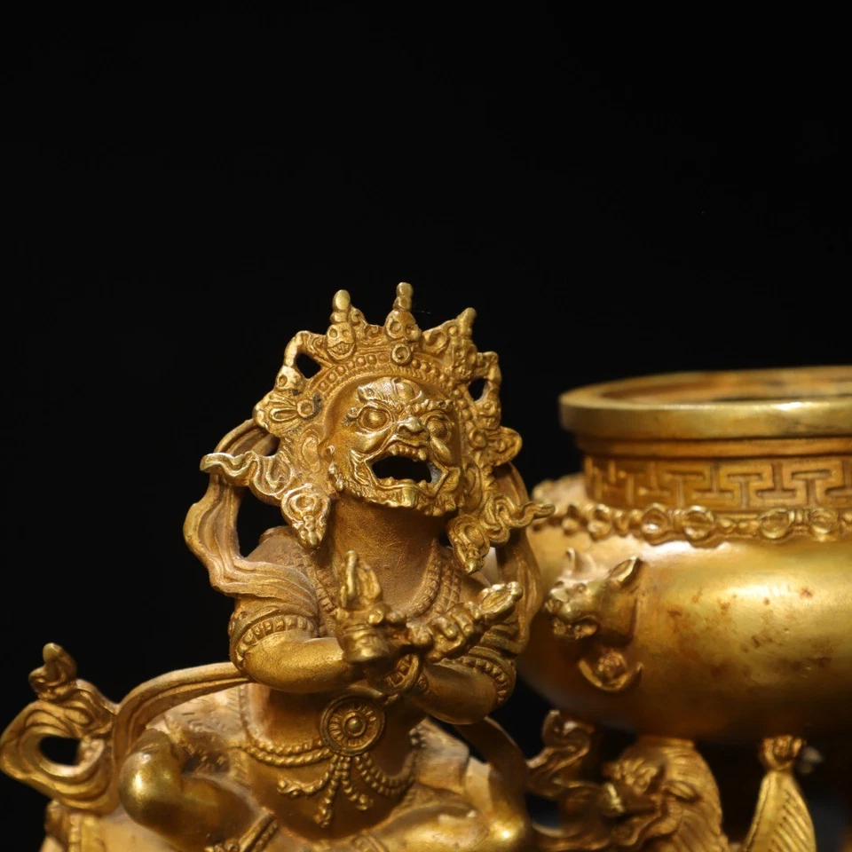 8.3" China Old Antique Tibetan Buddhism Bronze Gilt Mahakala Incense Burner - Image 2 of 4