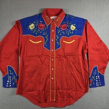 Vtg Rockmount Ranch Wear Embroidered Roses Pearl Snap Shirt Red Blue Mens XL