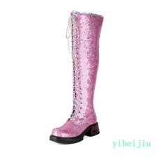 Women Over The Knee High Full Sequin Boots Platform Low Cuban Heel Glitter Shoes