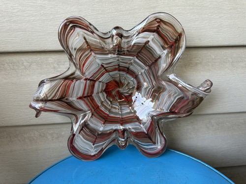Vintage MCM Orange Copper Brown Webbed Swirl Flower Shape Art Glass Bowl 10"