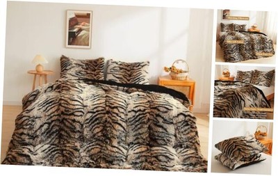 Tiger Print Fluffy Faux Fur Duvet Cover Set, 2 Pieces Twin Tiger Print Brown