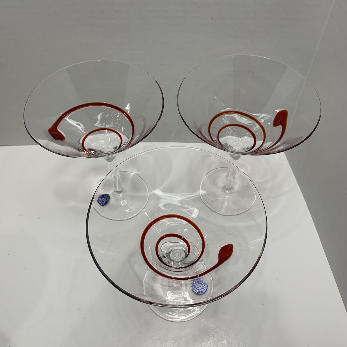 3 Pier 1 Red Swirl Glass Martini Cosmo Cocktail Glasses 7.25” x 6 