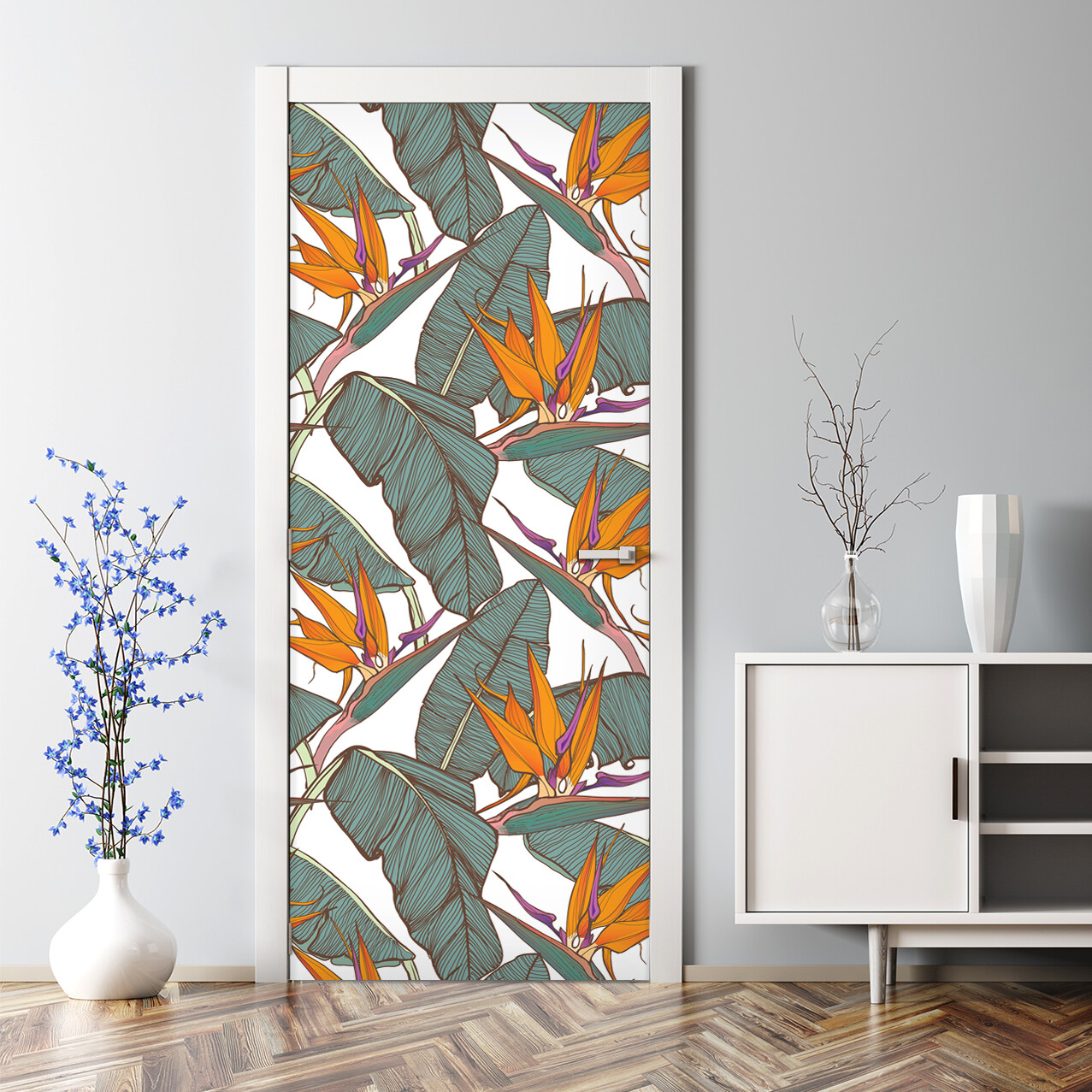 Bubble Free Door sticker Paradise Flowers Floral Tropical Wall Covering Mural