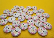 6 Wooden Buttons Pastel Coloured Heart design 15mm