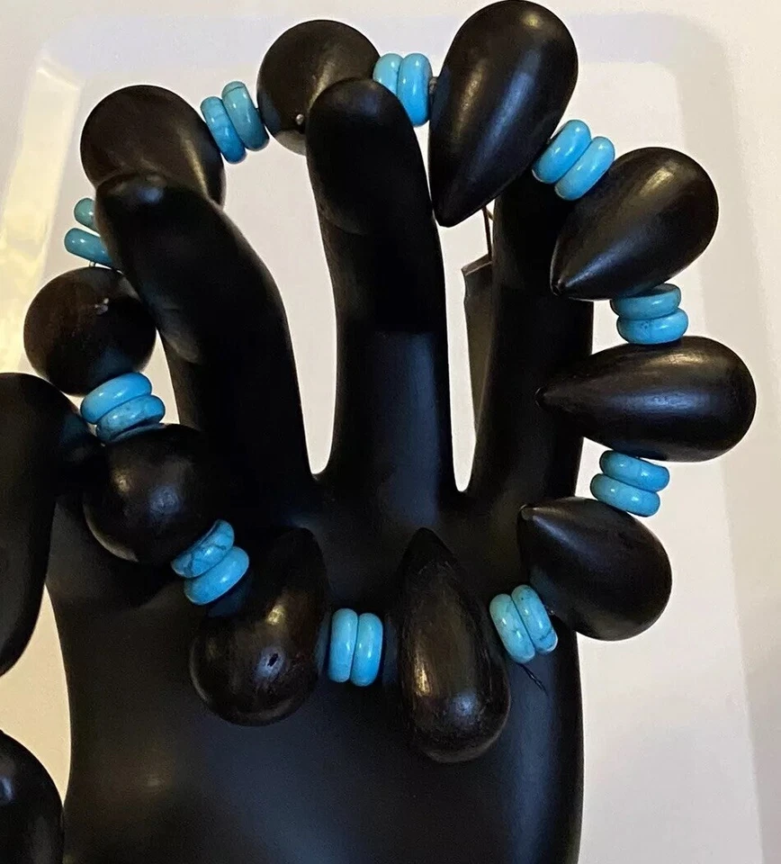 BARSE Genuine Stones Wood & Blue Color BOHO Island Style Stretch Bracelet NWT - Изображение 2 из 4