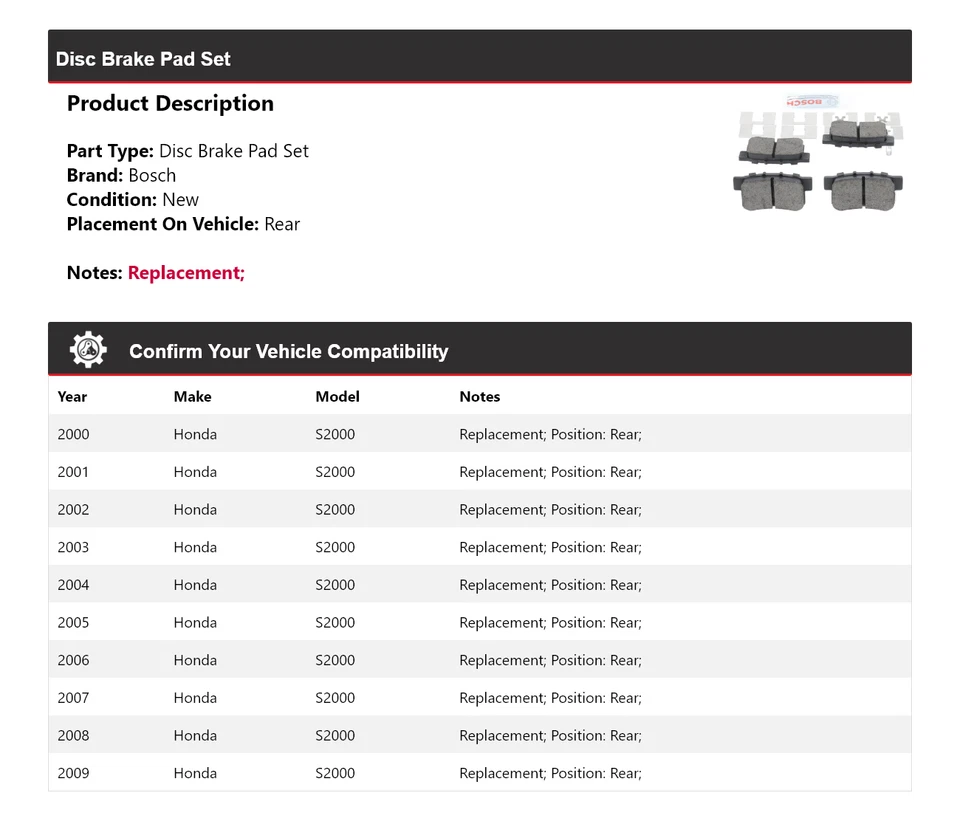 Задние керамические тормозные колодки QuietCast для Honda S2000 Bosch 2000-2009 годов выпуска 2001 2002 2003 годов выпуска - Изображение 2 из 4