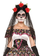 Day Of Dead Long Black Veil Headband With Roses Forum Novelties