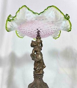 Victorian Ruffled Art Glass Brides Bowl Pedestal Cherub Centerpiece Basket Stand