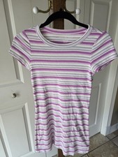 American Eagle Striped Short Sleeve Crew Neck Dress XXS Purple White Gray Woman