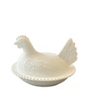 Vintage Hen On a Nest Nesting Chicken Milk White Glass Candy Trinket Dish