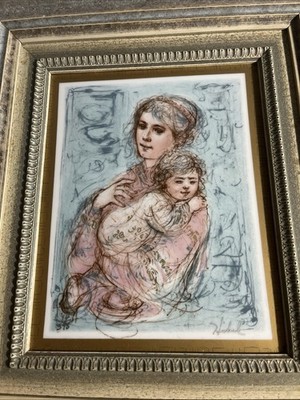 Edna Hibel Lithograph Porcelain Plaque Lenore & Child DBL SIGNED 14 / 395 Framed