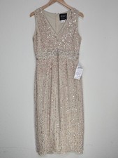MAC DUGGAL Sequined Sleeveless V-Neck Midi Sheath Dress# 93606 Nude Size 8