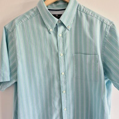 Blue Harbour M&S XL Mint Green Striped Short Sleeve Button Down Cotton Shirt - Image 1 of 4