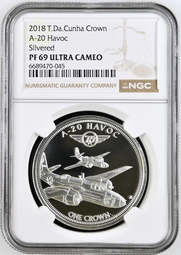 2018 Tristan Da Cunha Silvered Crown A-20 Havoc WWII Bombers NGC PF 69 UC