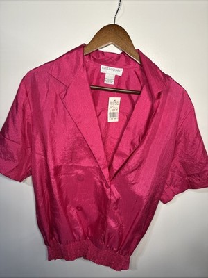 Electric Pink Short Sleeve V NECK Button Down Elastic Hem Workplace Barbie Top