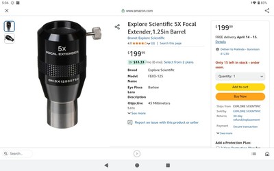 Explore Scientific 5x Focal Extender 1.25''    FE05-125