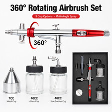 360 Rotating Airbrush Kit 3 Cups 7cc Metal 2x40cc Glass Model Nail Art