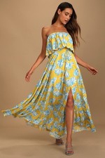 Lulus Love Boldly Yellow Floral Print Strapless Maxi Dress High Slit Tropical L