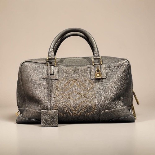 LOEWE Amazona 36 Anagram Leather Boston Bag Bronze Padlock Clochette Auth