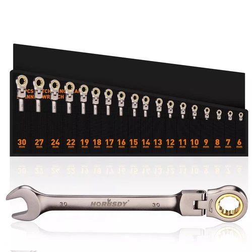 18PCS Flexible Ratchet Wrench Set Metric 6-30mm 72-Tooth Nickle Plated Portable