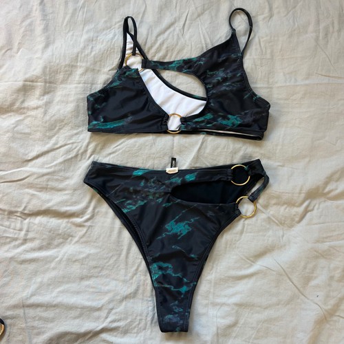 PrettyLittleThing Tie Dye Cutout Ring Bikini Set Black Teal US Size 10 Poolside
