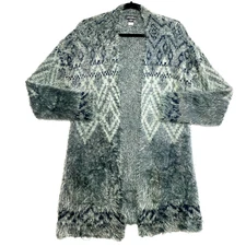 Eddie Bauer Open Cardigan Womens M Blue Gray Fuzzy Tunic Sweater Geometric Hobo 