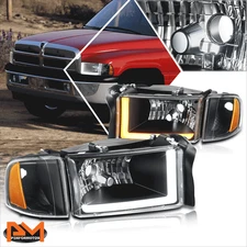For 94-02 Dodge Ram 1500-3500 Switchback L-Shape LED DRL Headlights Black/Amber
