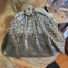 Silver Mesh Evening Bag With Metal Frame Chain Handle Comb Mirror Set
