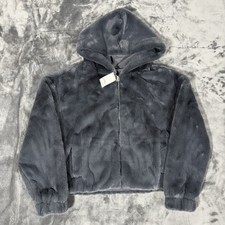 Hollister Cozy Faux Fur Hoodie Womens XS Gray Black Zip Up Cropped NWT